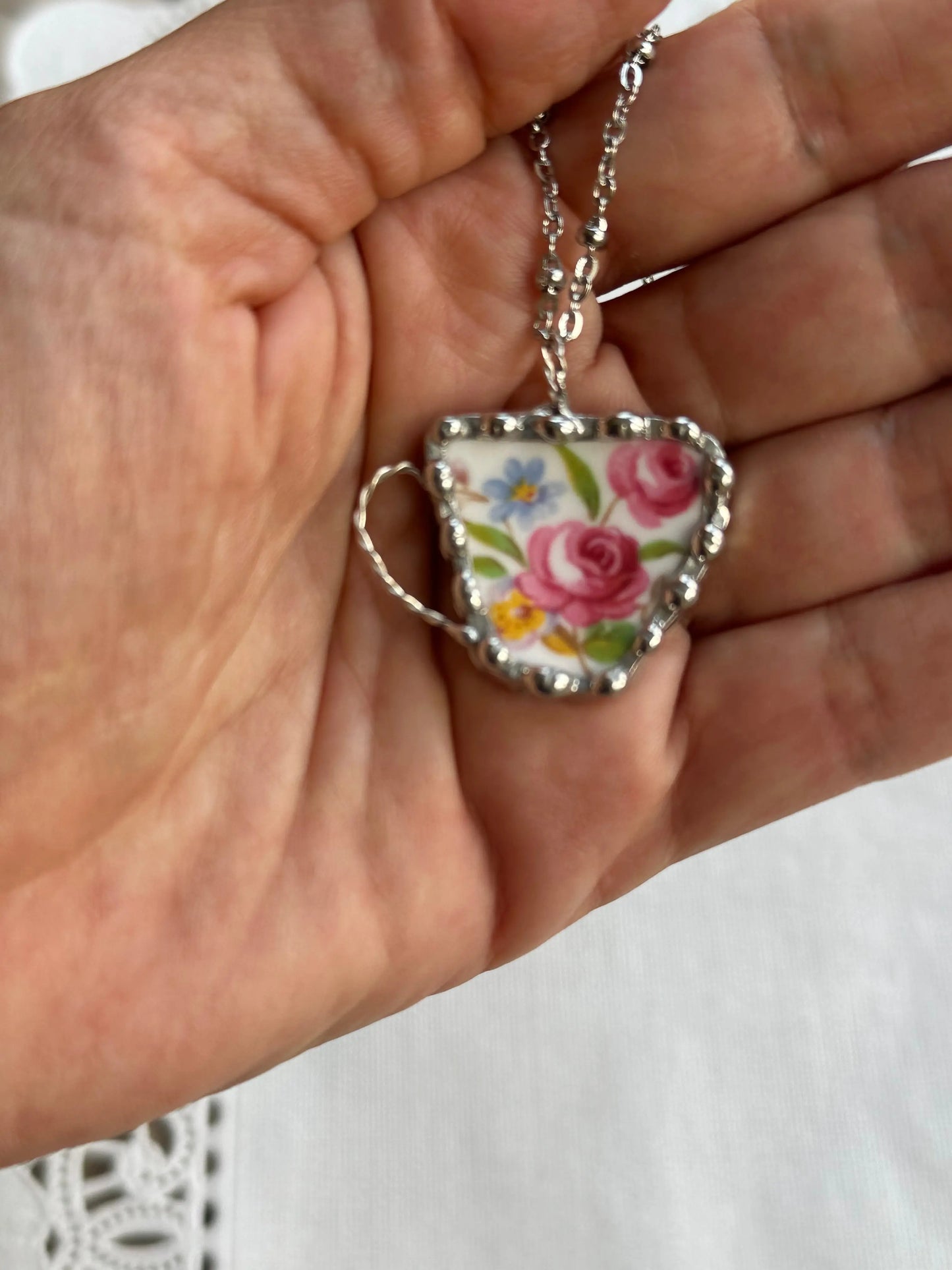 Pink Rose Teacup Necklace (Vintage Floral Ceramic)