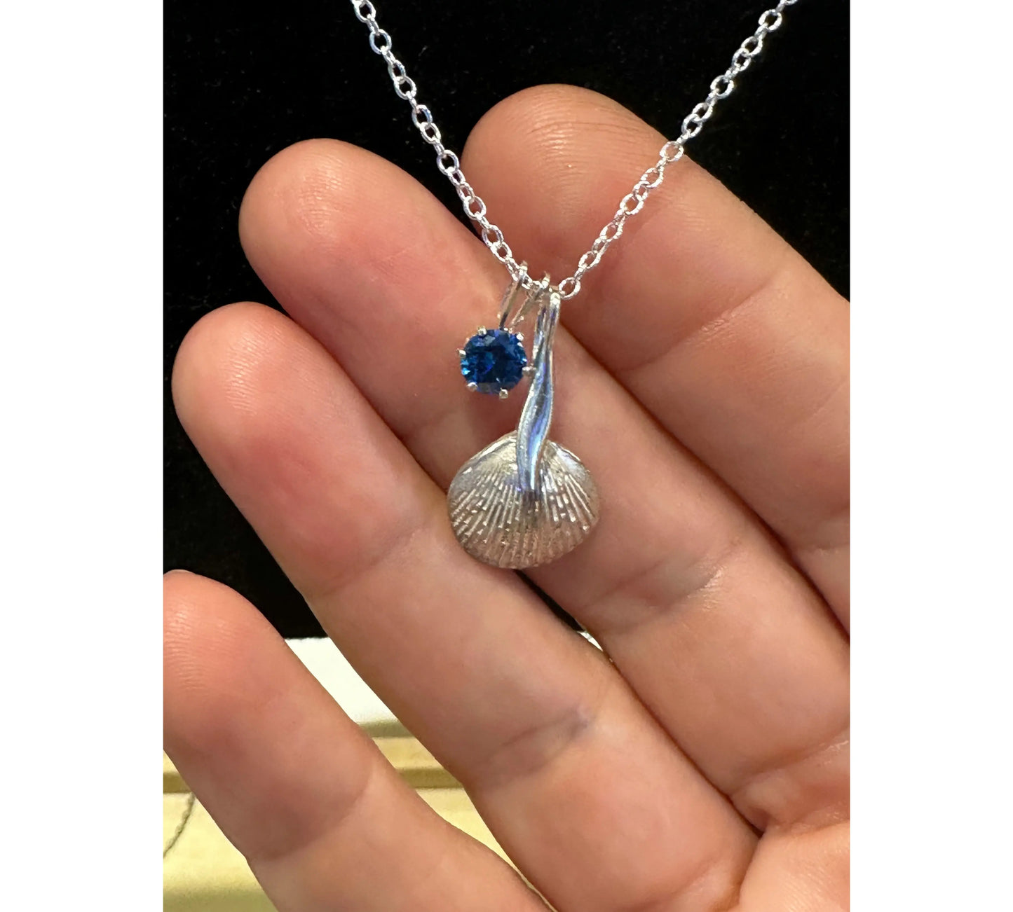 Handmade Seashell Silver Necklace with Blue Gemstone – Ocean-Inspired Jewelry