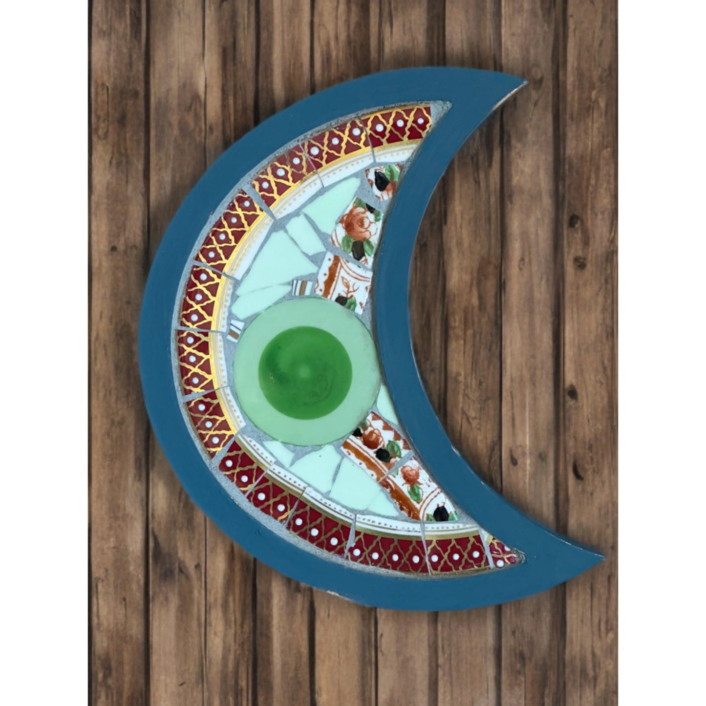 Mini Crescent Mosaic Tray – Upcycled Floral China (green)🌙