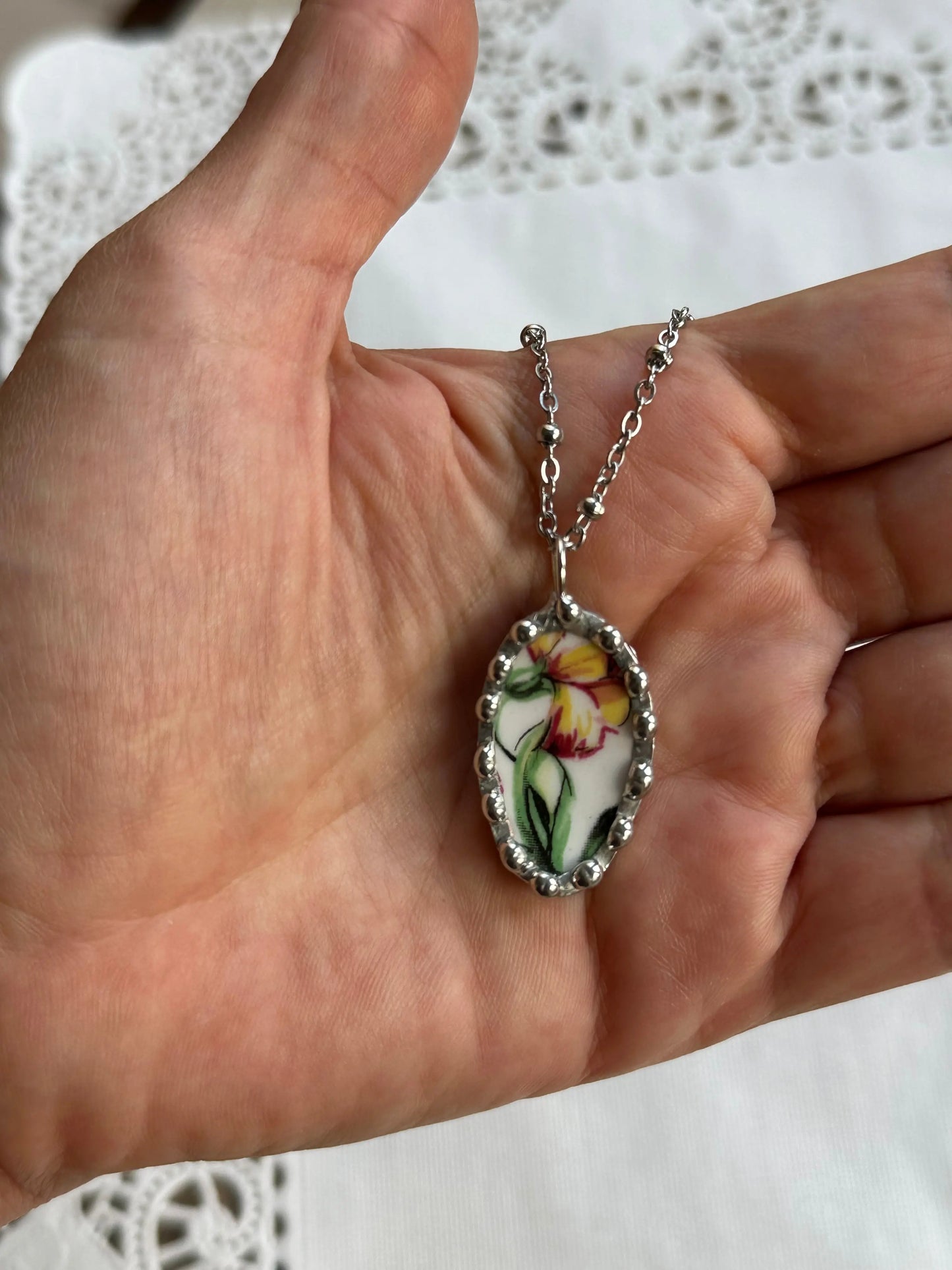 Yellow Orchid Floral Ceramic Necklace (Vintage Upcycled Pendant)