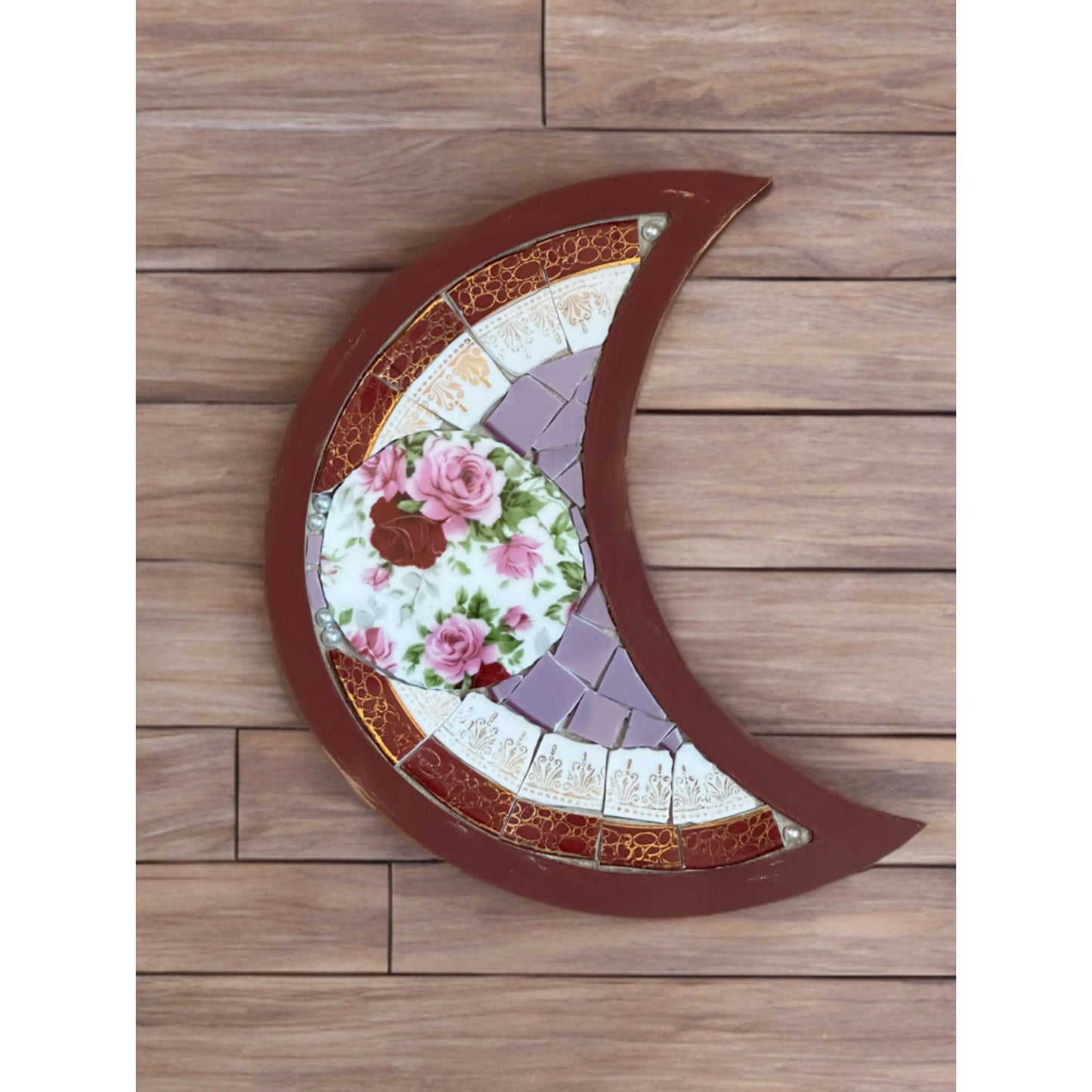 Mini Crescent Mosaic Tray – Upcycled Floral China (red) 🌙