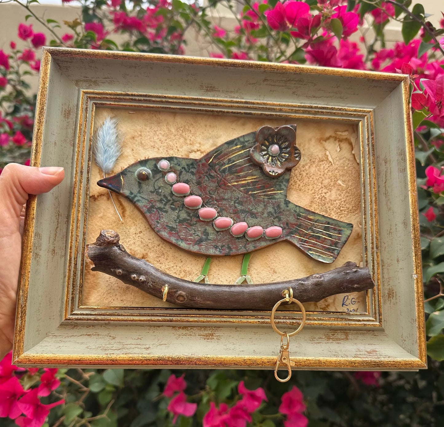 One-of-a-Kind Handcrafted Bird Key Holder – Clay, Mosaic & Driftwood Art