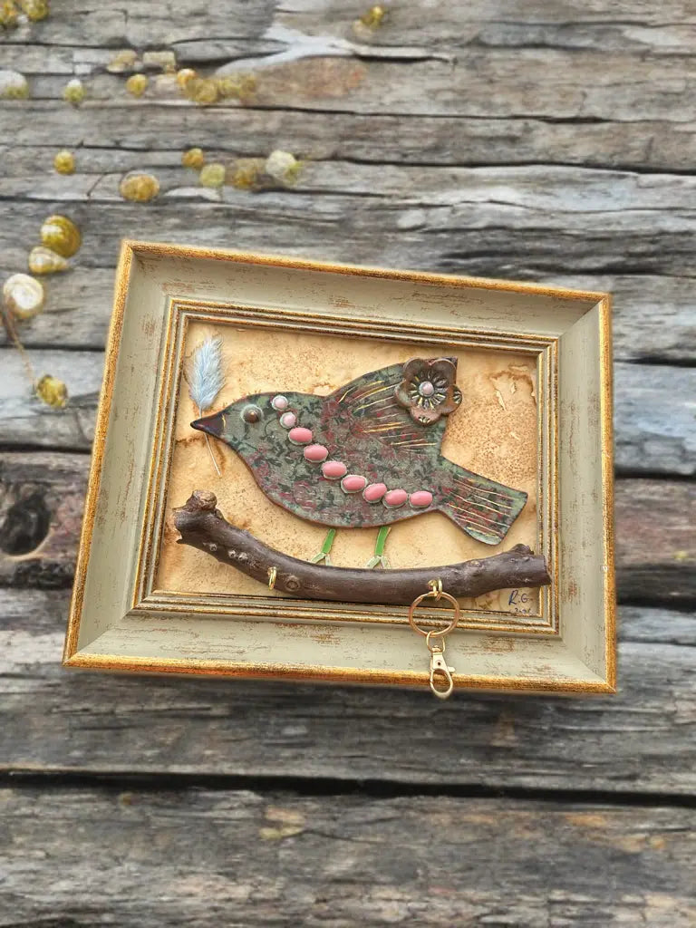 One-of-a-Kind Handcrafted Bird Key Holder – Clay, Mosaic & Driftwood Art