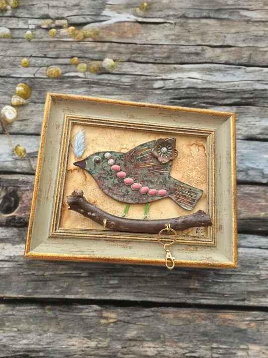 One-of-a-Kind Handcrafted Bird Key Holder – Clay, Mosaic & Driftwood Art