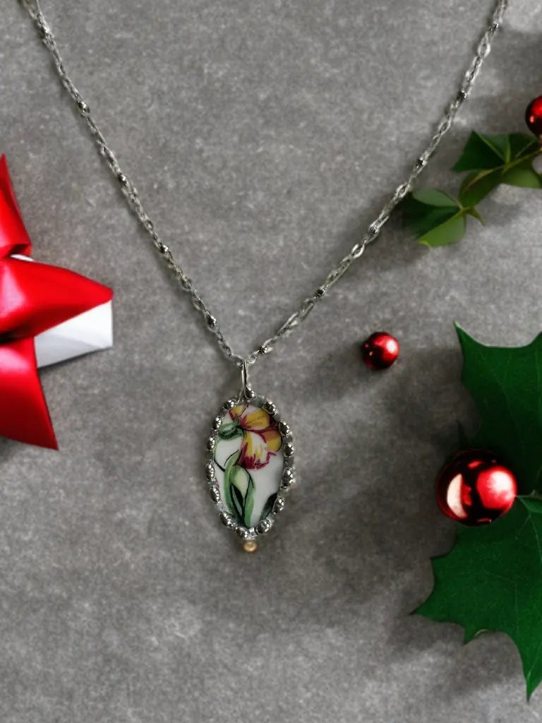Yellow Orchid Floral Ceramic Necklace (Vintage Upcycled Pendant)