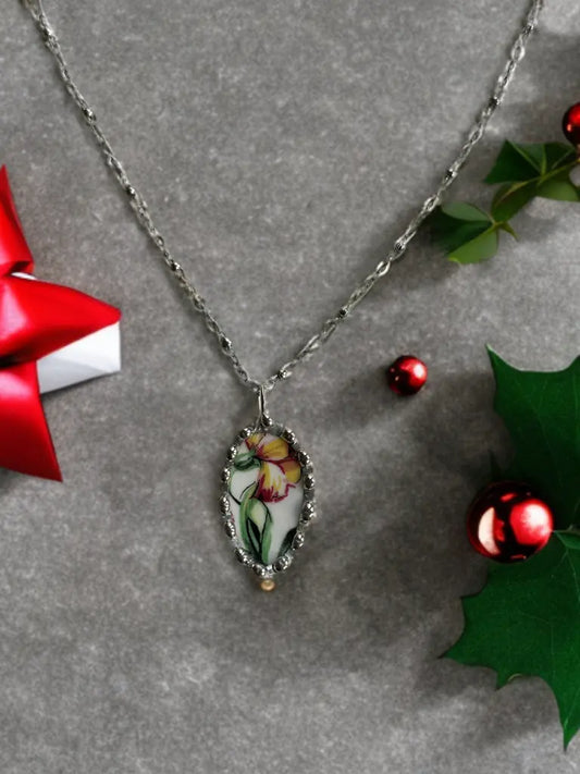 Yellow Orchid Floral Ceramic Necklace (Vintage Upcycled Pendant)