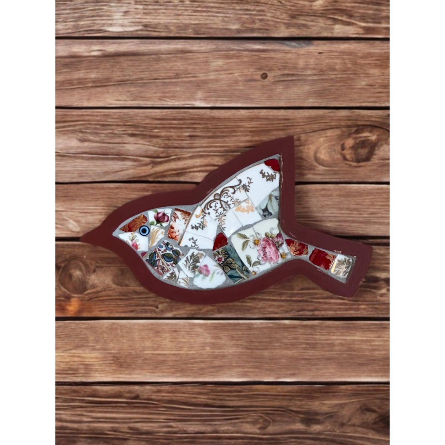 Mini Bird Mosaic Tray – Upcycled Floral China (red)🌙