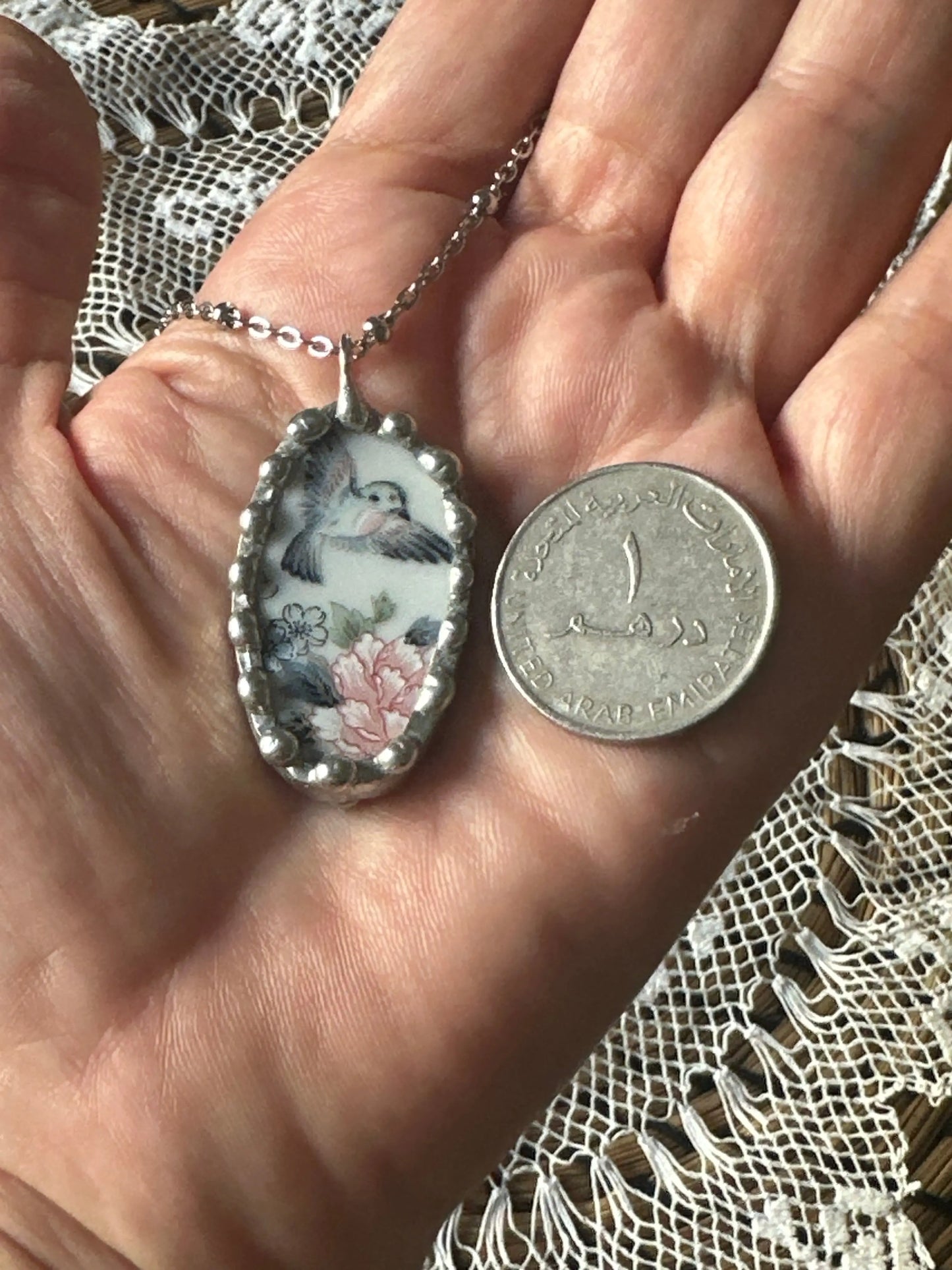 Hummingbird Porcelain Necklace - 
Upcycled Vintage Ceramic Pendant
