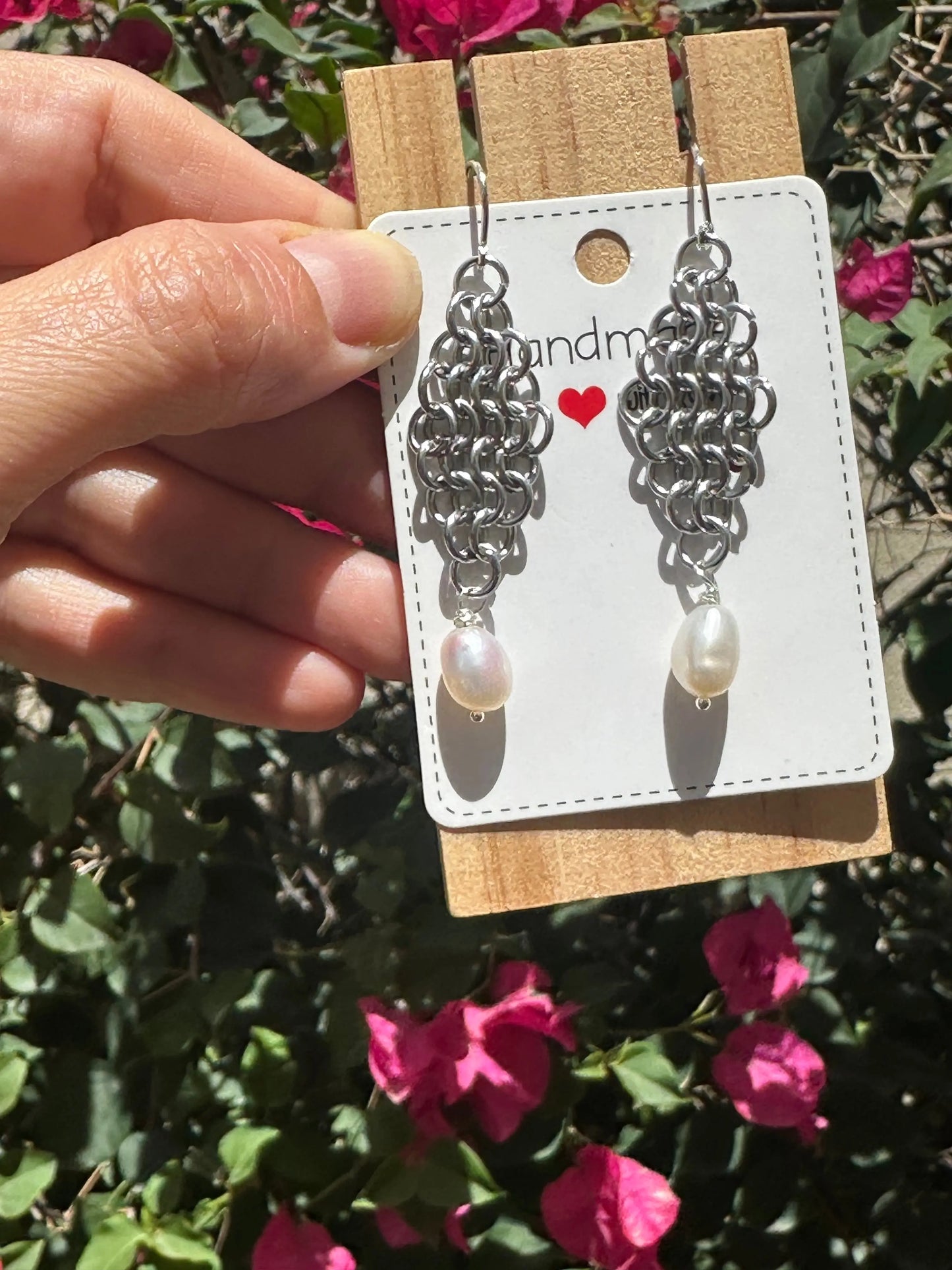 Handmade Chainmaille Earrings with Freshwater Pearls – Sterling Silver Hook