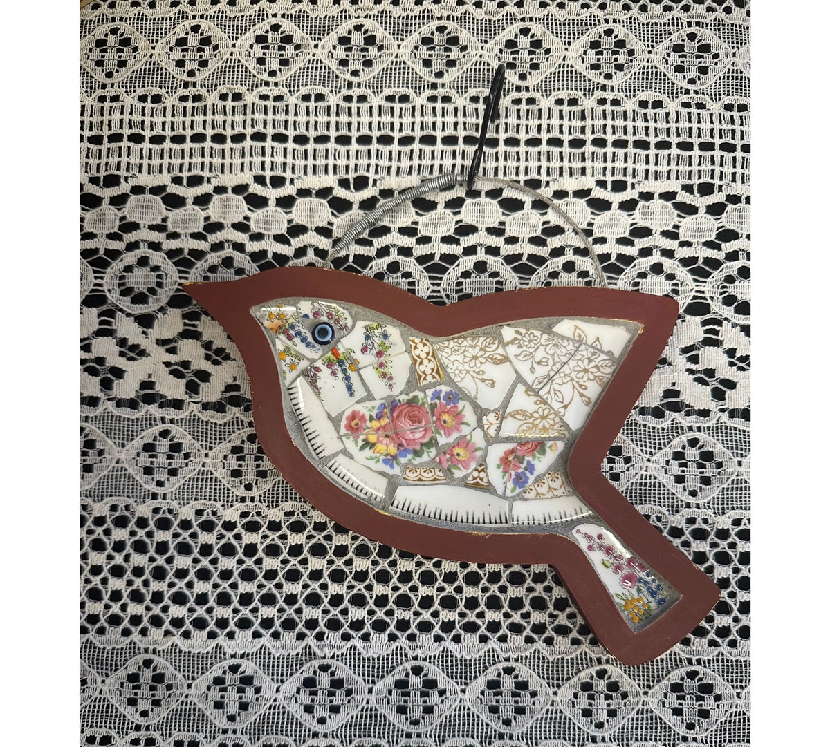 Mini Bird Mosaic – Upcycled Floral China (red)🌙