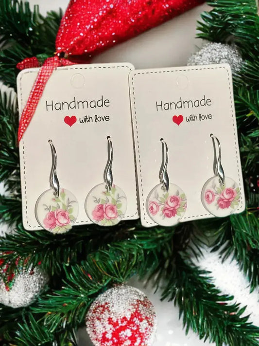 Silver Vintage China Plate Earrings – Handmade Upcycled Jewelry