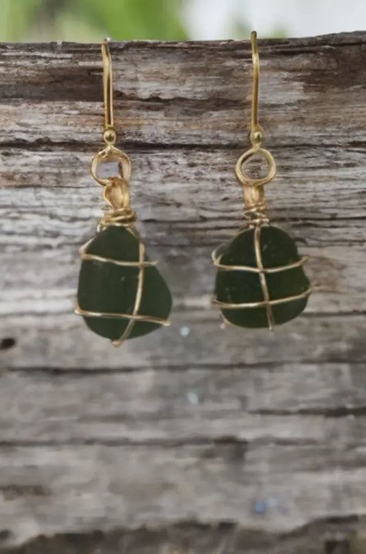 Sea Glass Gold-Plated Silver Earrings sustainable upcycled jewelry handmade by The Big Little Shop in Dubai