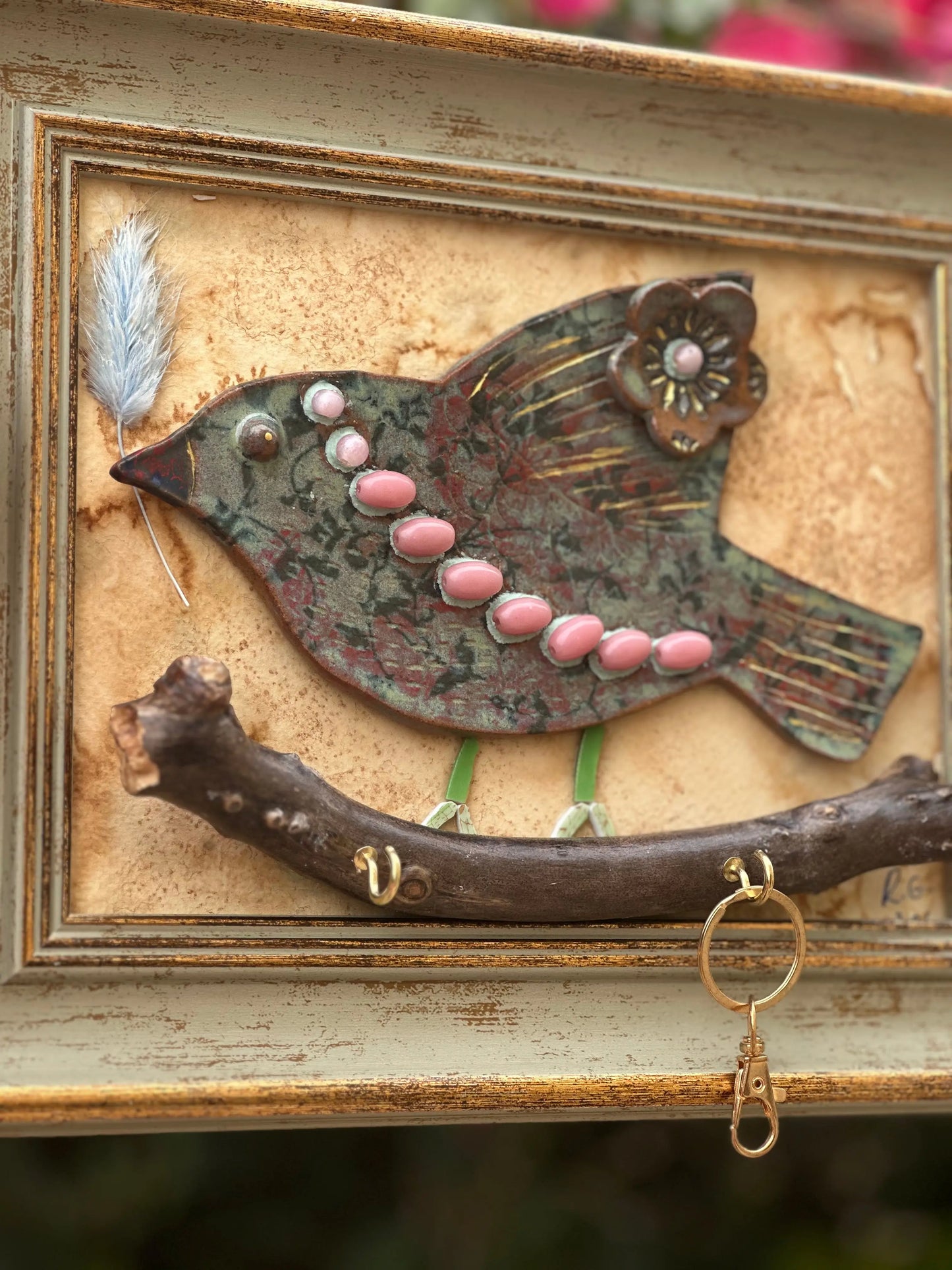 One-of-a-Kind Handcrafted Bird Key Holder – Clay, Mosaic & Driftwood Art