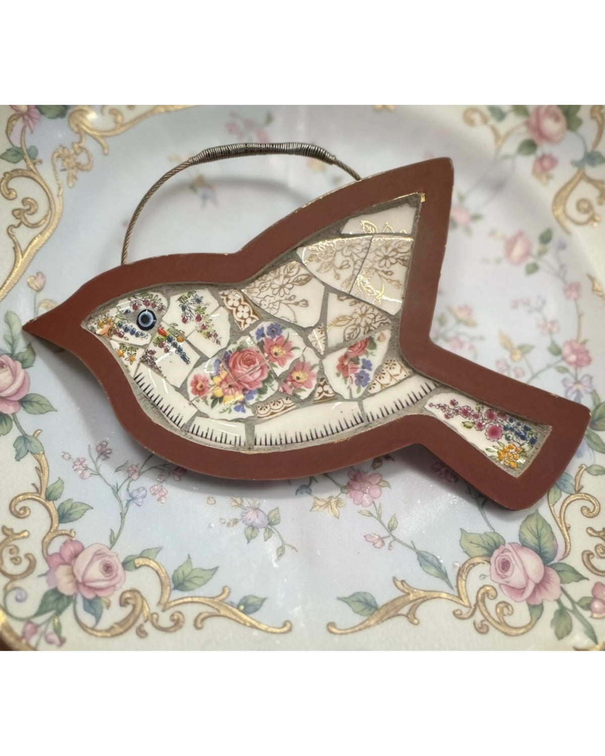 Mini Bird Mosaic – Upcycled Floral China (red)🌙