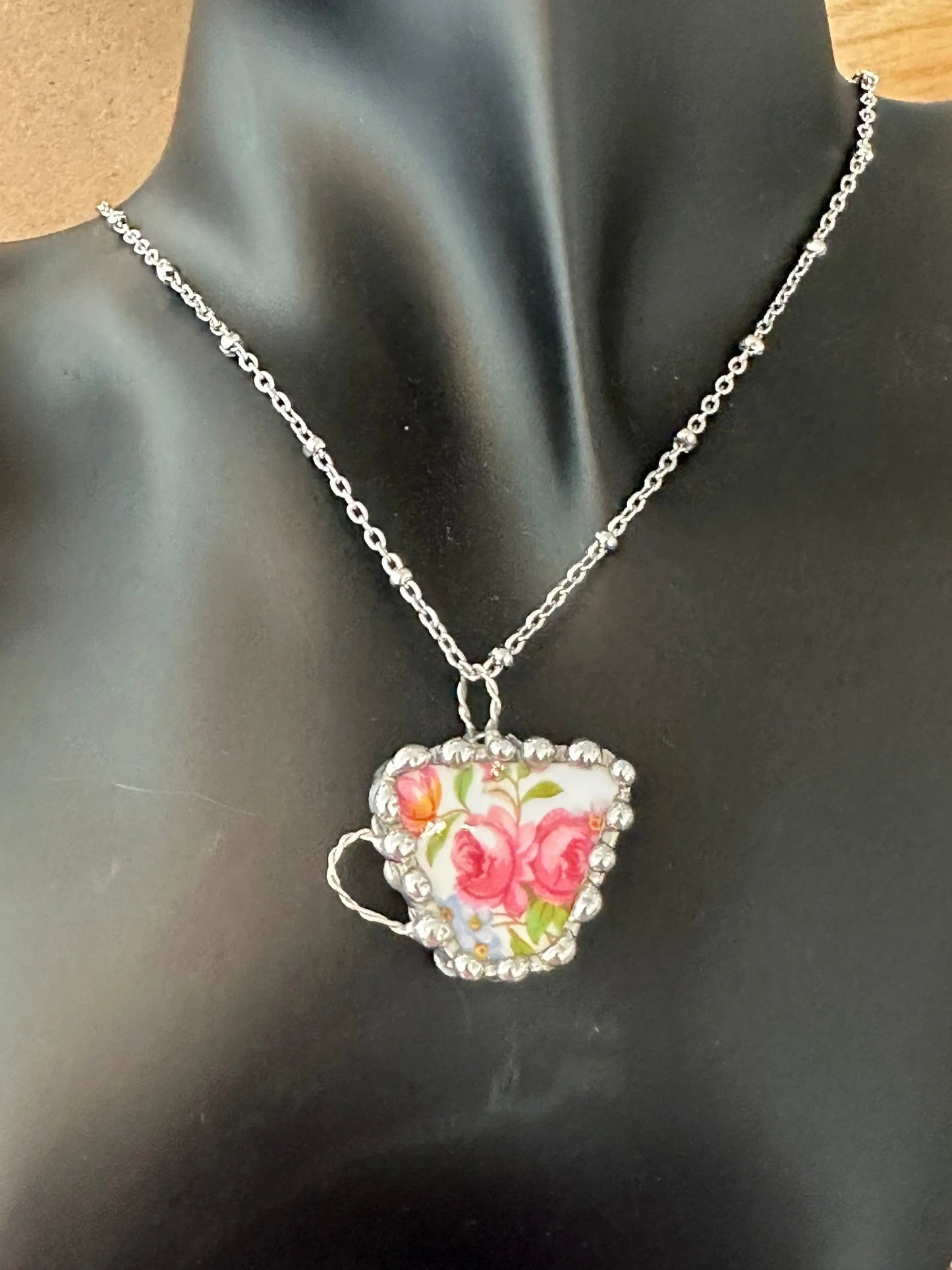 Pink Rose Teacup Necklace (Vintage Floral Ceramic)