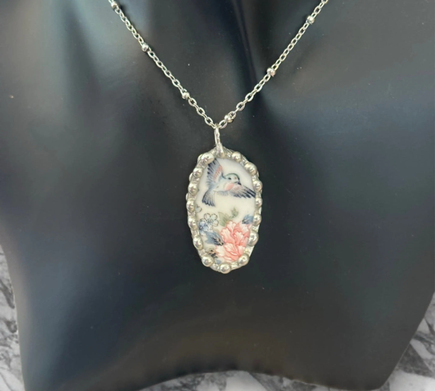Hummingbird Porcelain Necklace - 
Upcycled Vintage Ceramic Pendant