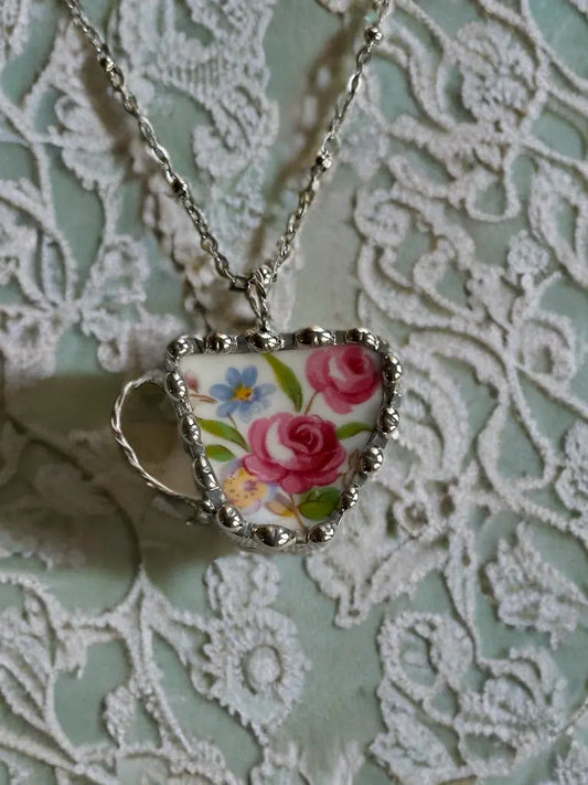 Pink Rose Teacup Necklace (Vintage Floral Ceramic)