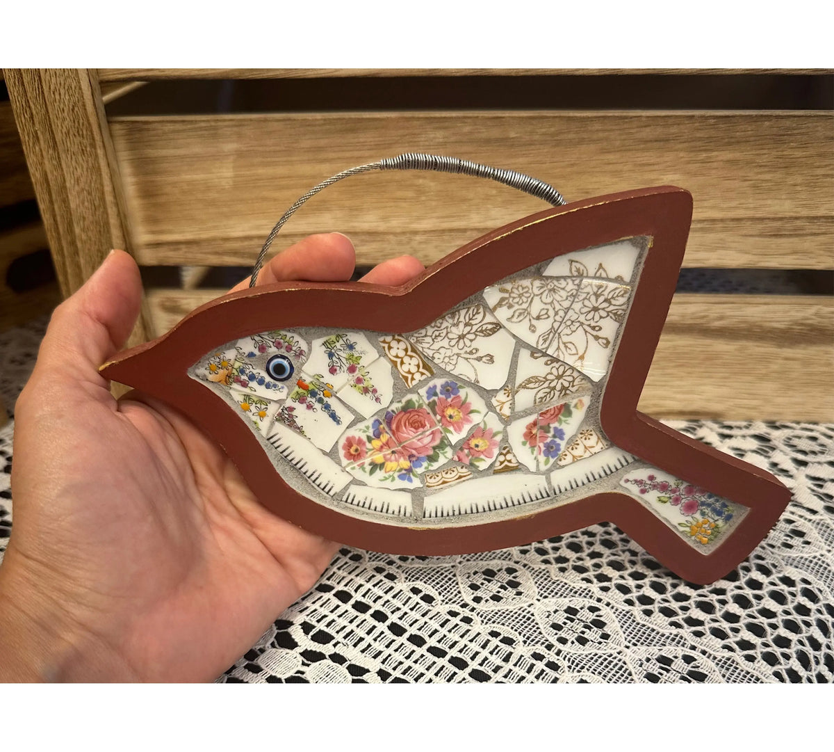 Mini Bird Mosaic – Upcycled Floral China (red)🌙