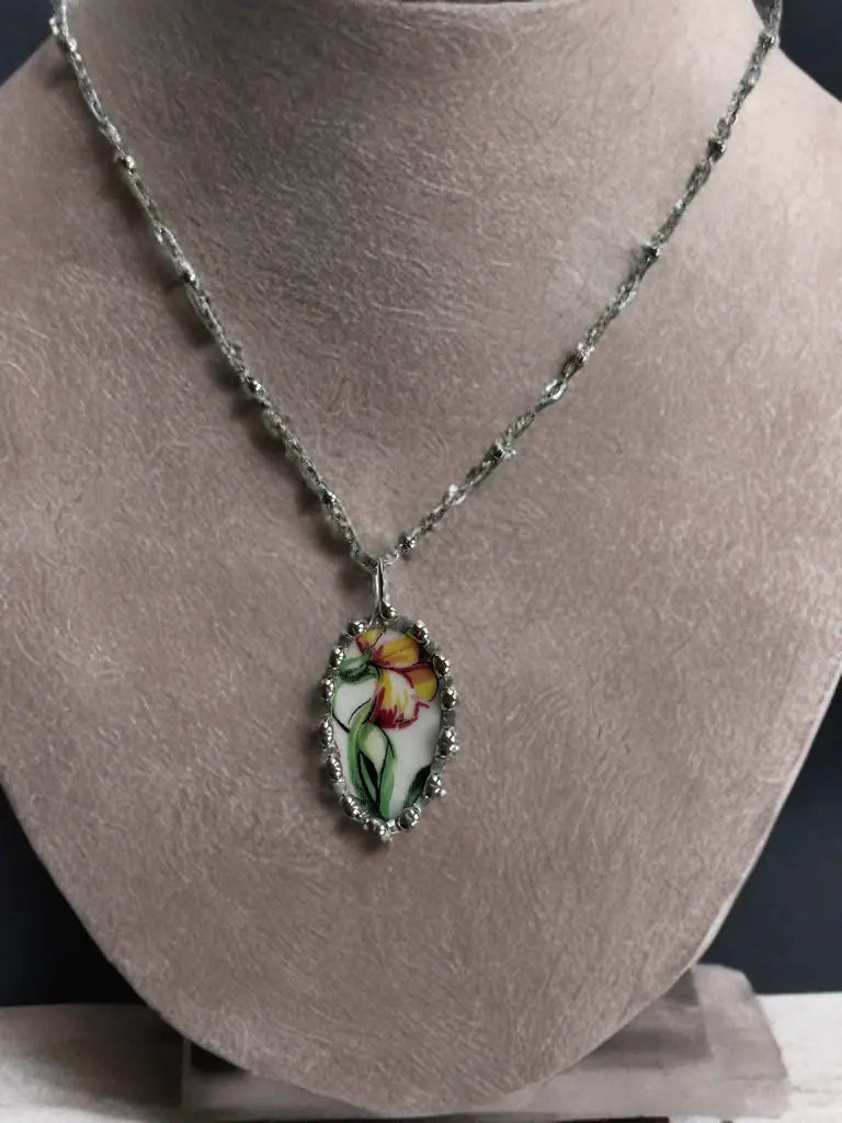 Yellow Orchid Floral Ceramic Necklace (Vintage Upcycled Pendant)