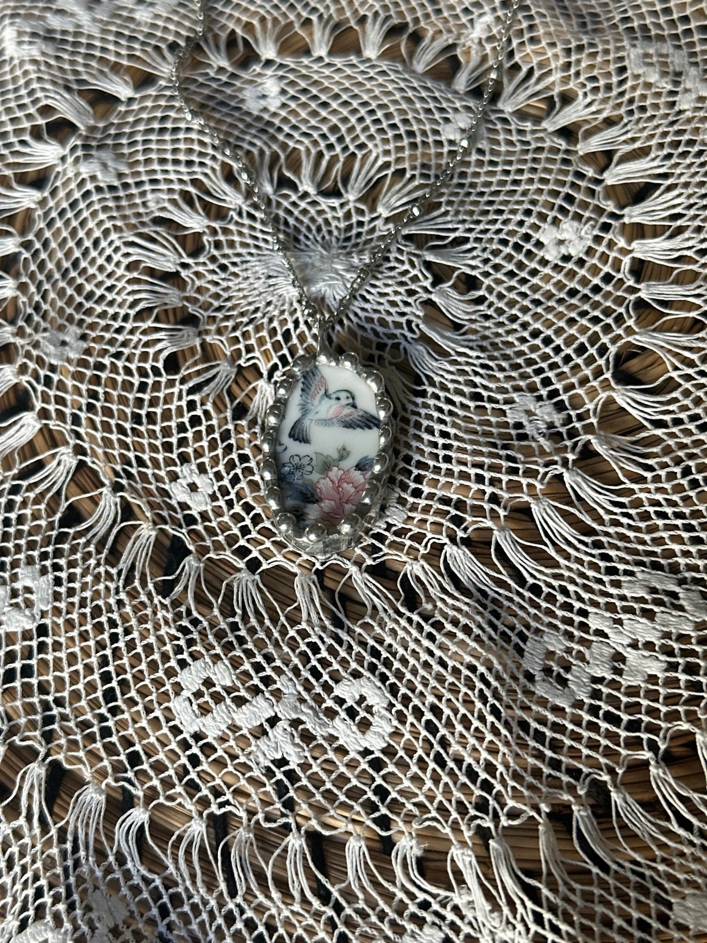 Hummingbird Porcelain Necklace - 
Upcycled Vintage Ceramic Pendant