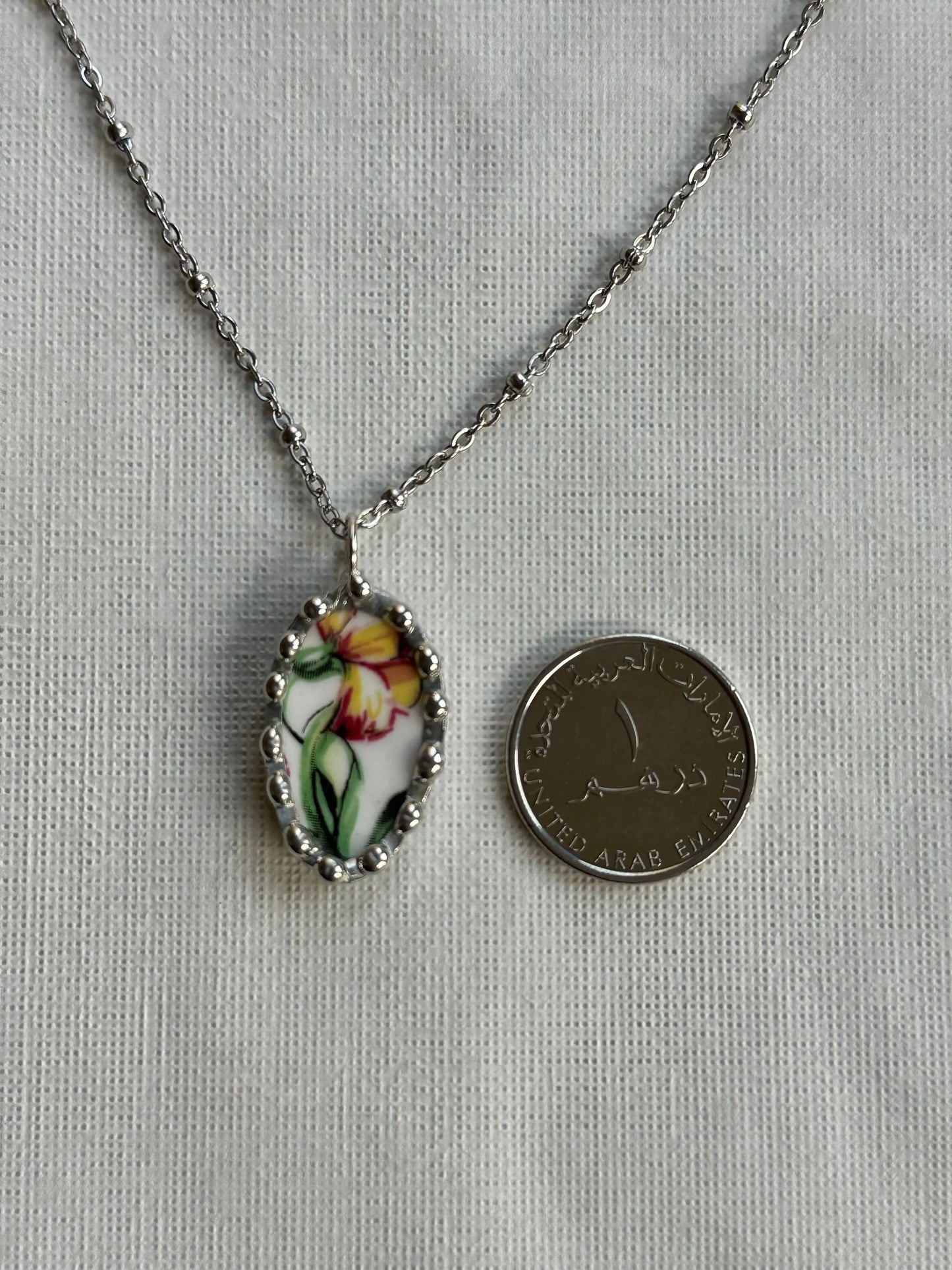 Yellow Orchid Floral Ceramic Necklace (Vintage Upcycled Pendant)