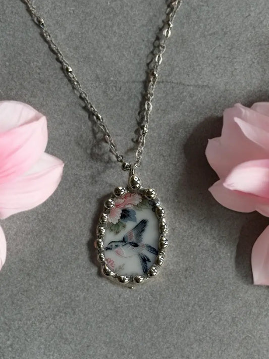 Hummingbird Oval Vintage Ceramic Necklace (Upcycled Porcelain)